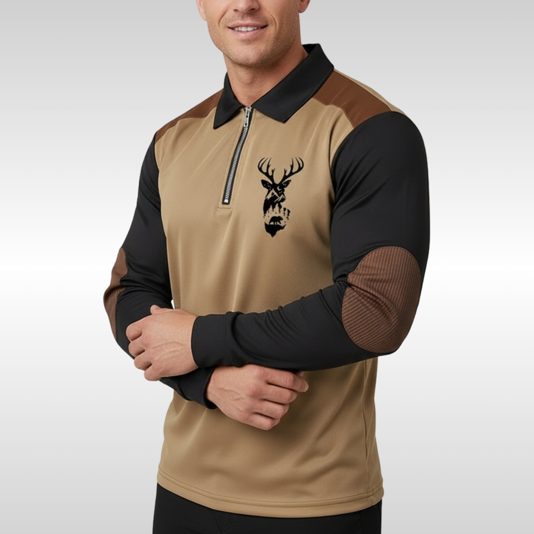 FLINT DEER PRINT ZIP POLO | EASY STYLE WITH QUIET CONFIDENCE